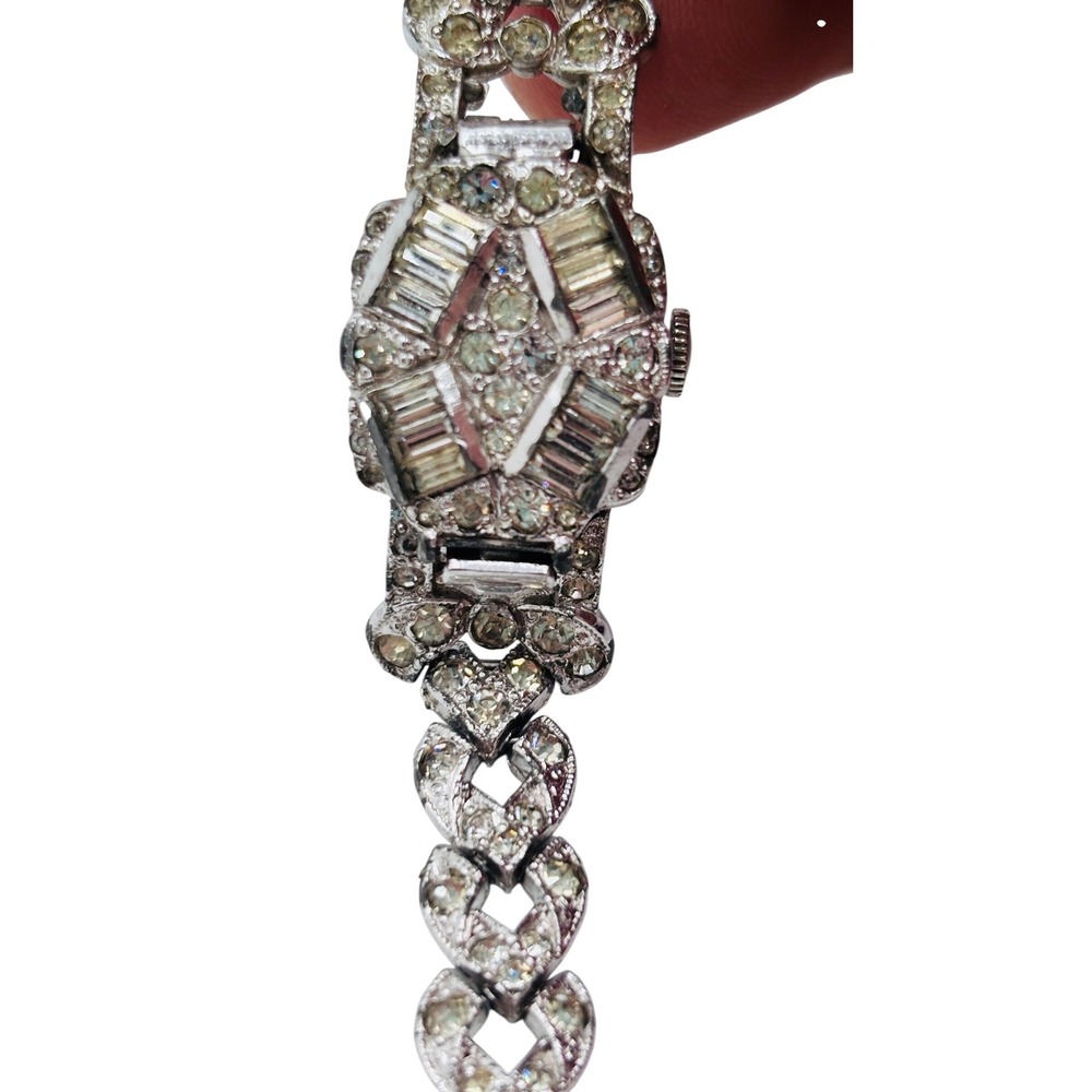 Vintage Seeland Art Deco Rhinestone Hidden Face Cocktail Watch AS IS